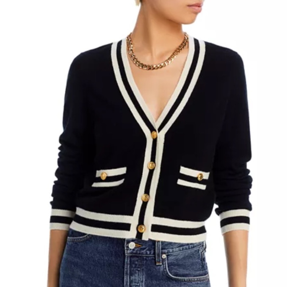 AQUA Cashmere
Stripe Trim Novelty Button Cashmere Cardigan - Large - Picture 3 of 6
